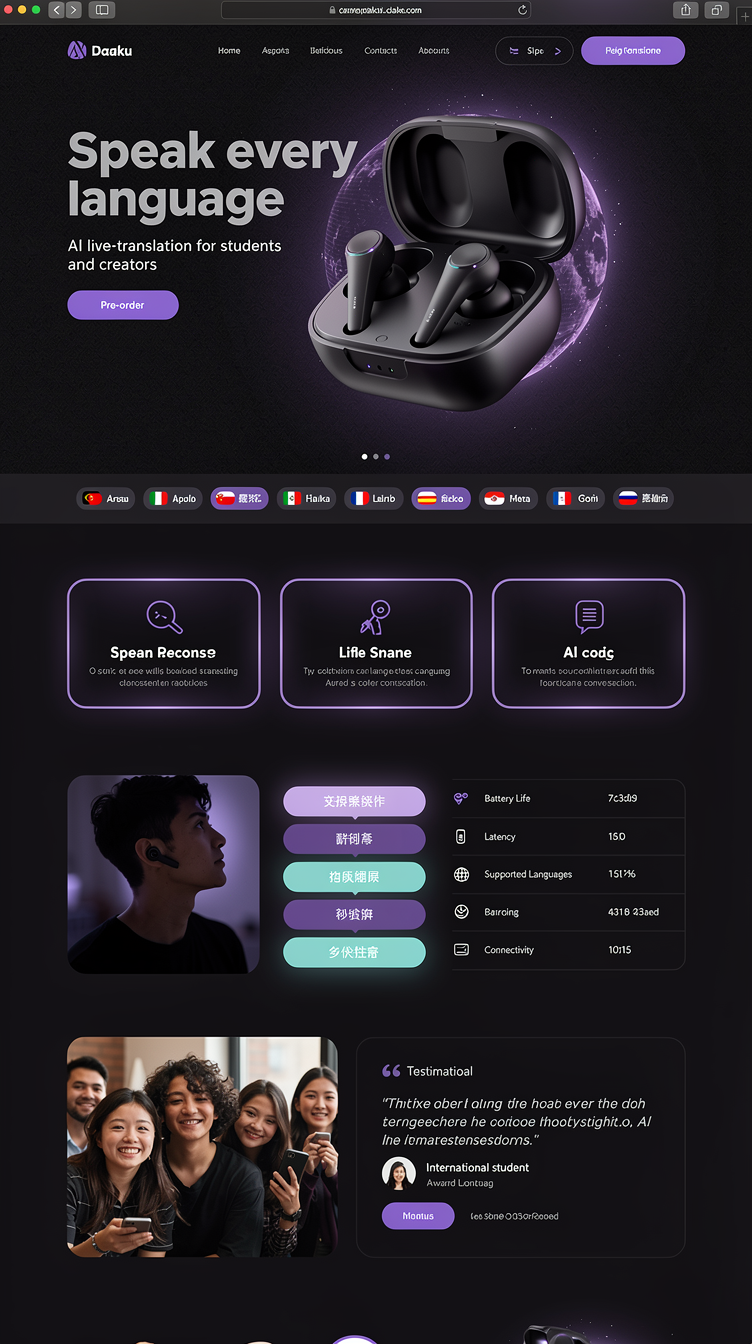 Full-page website mockup for "Daaku", AI live-translation earbuds aimed at students and creators. Direction A: dark, cinematic tech launch page — near-black #0b0714 background with deep violet #4c1d95 to #7c3aed gradient glows behind a floating macro product shot of earbuds in a charging case; huge confident geometric sans headline "Speak every language" with a lilac #f5f3ff subhead, one solid violet Pre-order pill CTA. Sections flow: sticky glass nav, hero with glowing orb, language ticker marquee, 3-up feature cards with soft violet glass borders, split scrolling section showing conversation bubbles in two languages, spec grid, testimonial from students, bold pre-order band, minimal footer. Generous whitespace, subtle noise texture, award-winning studio polish.