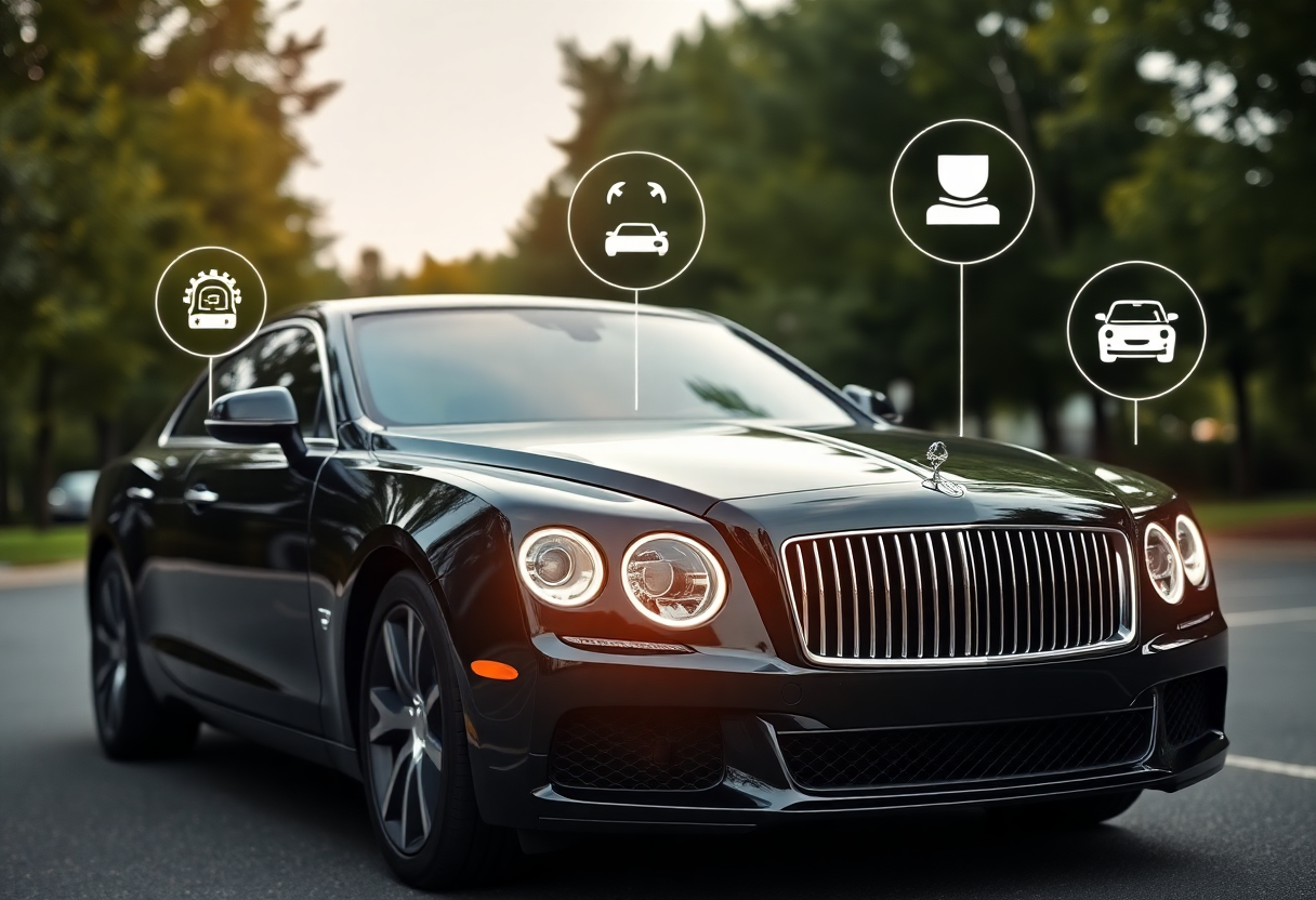 luxury black car with tracking icons for vehicle tracking service