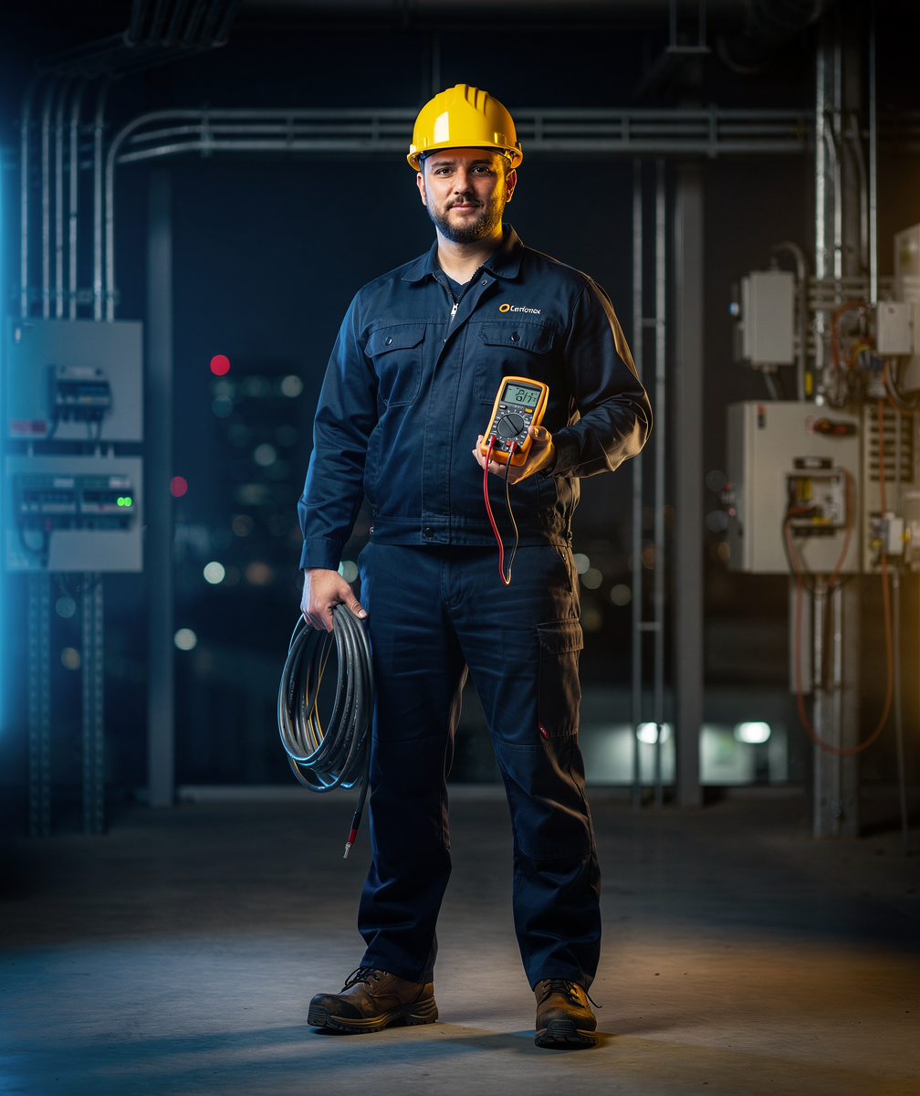 Dramatic cinematic portrait of a confident professional electrician in branded navy uniform and yellow hard hat, holding tools, standing in a modern industrial setting with soft glowing electric blue and warm yellow rim lighting, dark moody background with subtle bokeh of city lights, ultra sharp, premium commercial photography style, shallow depth of field