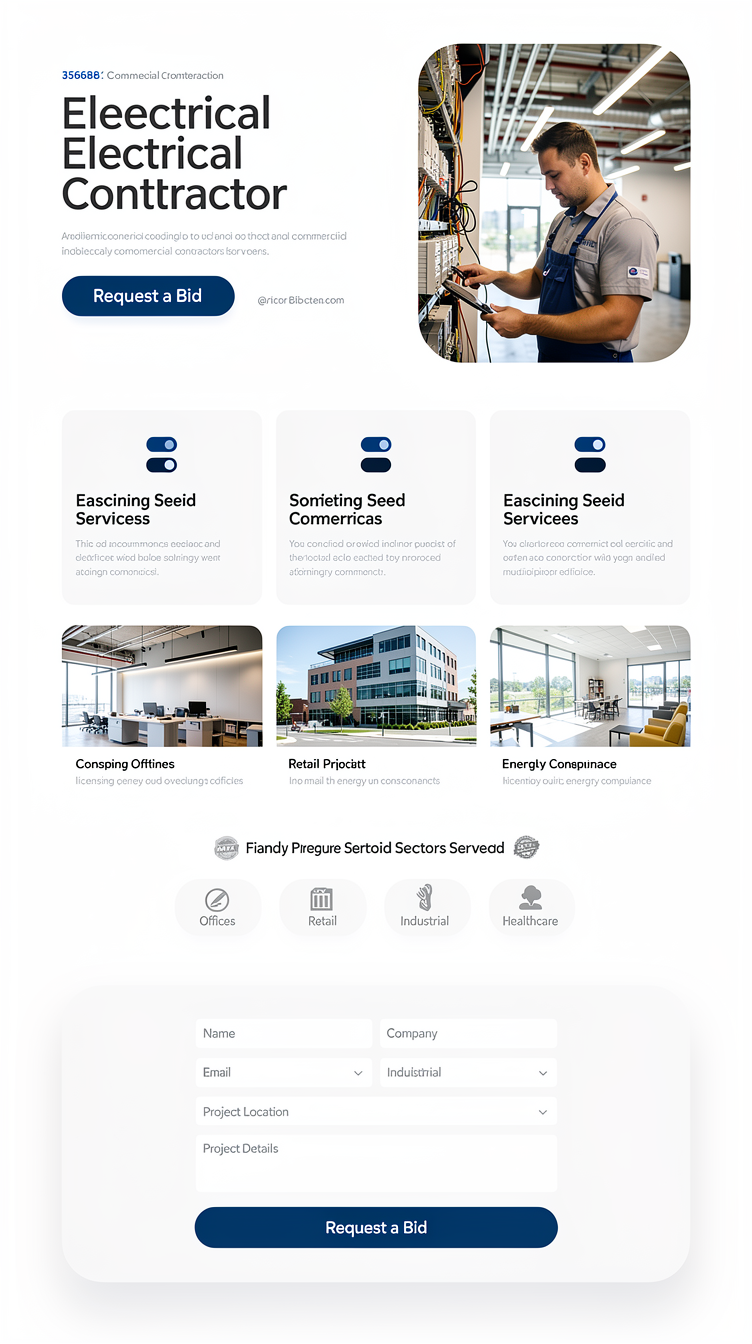 Full-page website mockup for a modern commercial electrical contractor. Bright, airy corporate palette: white, light cool gray, and steel-blue accents with plenty of whitespace. Split hero with left-aligned large serif-meets-grotesk headline and a right-side rounded photo of an electrician in a commercial fit-out, pill-shaped "Request a Bid" button. Below: card-based services grid with soft rounded corners and blue icon chips, a featured-projects masonry row, a clean compliance/credentials strip with certification logos, a friendly sectors-served row, and a light bid form in a rounded card. Approachable, premium, trustworthy, lots of breathing room.