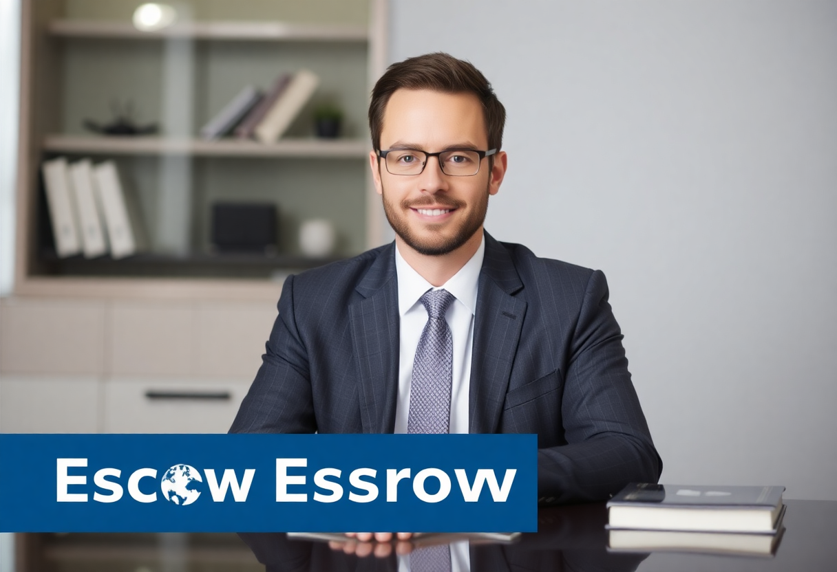 professional in a suit sitting at a desk, representing the trustworthiness and reliability of our escrow services