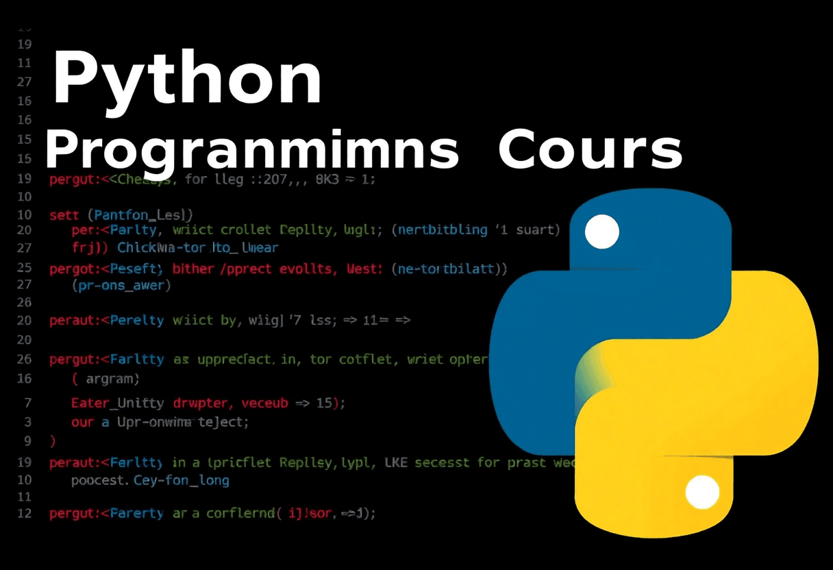 python programming course thumbnail with code snippets and python logo