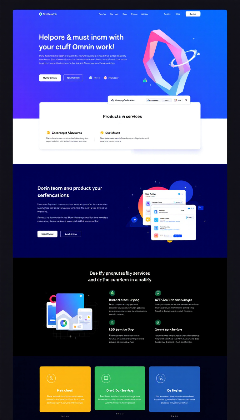 Create a simple and clean one-page website redesign for omniware.in, featuring a modern layout with a minimalist aesthetic, easy navigation, and a focus on showcasing products and services. Include a bright color palette and engaging visuals to enhance user experience.