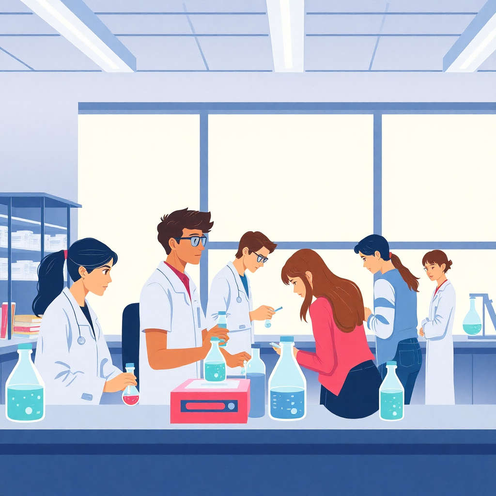 illustration of students in a science lab, representing advanced courses