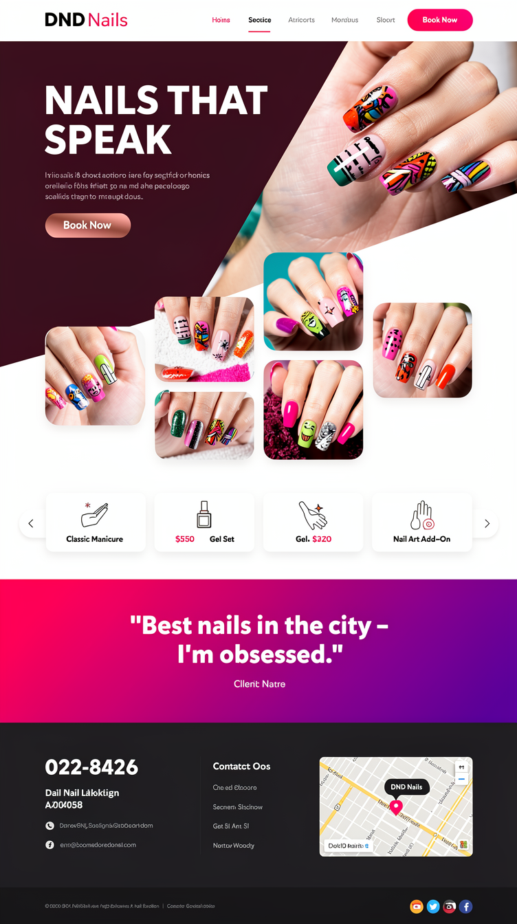 Bold trendy nail studio homepage for "DND Nails". Vibrant modern layout with a diagonal-split hero: left side deep wine background with punchy bold sans-serif headline "NAILS THAT SPEAK", right side full-height nail-art photo cut on an angle, hot rose-gold accent button. Sticky top nav with bold wordmark logo and a bright "Book Now" pill button. Scrolling down: an asymmetric grid of colorful nail-art photo cards with rounded corners and playful overlapping layout, a horizontal scrolling-style service price list with icons, bold pull-quote testimonial section on a saturated color block, and a footer with big contact info and embedded map. Energetic, Gen-Z-friendly, high contrast, confident modern typography with tight letter spacing.