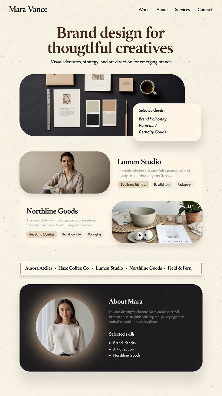Full-page website mockup for freelance brand designer "Mara Vance". Soft editorial contrast direction: warm off-white paper background with deep charcoal panels, a rounded-corner card system and soft shadows; hero is a centered display serif headline over a wide rounded hero image with an overlapping floating info card, followed by an offset alternating project showcase (image left/text right, then reversed), a scrolling marquee of client names, a dark rounded about section with portrait and skill list, and a two-column contact section with form and details. Modern, tactile, gallery-meets-studio mood.