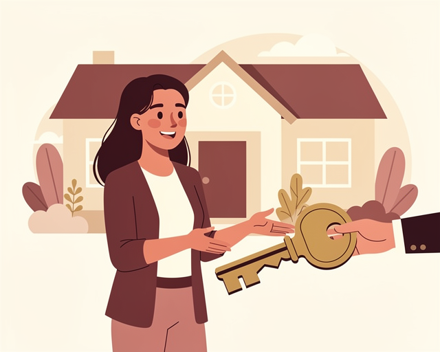 Warm flat vector illustration: Illustration of a woman confidently closing on a home sale. Simple friendly shapes, cohesive warm palette of maroon and cream tones, no text or labels.