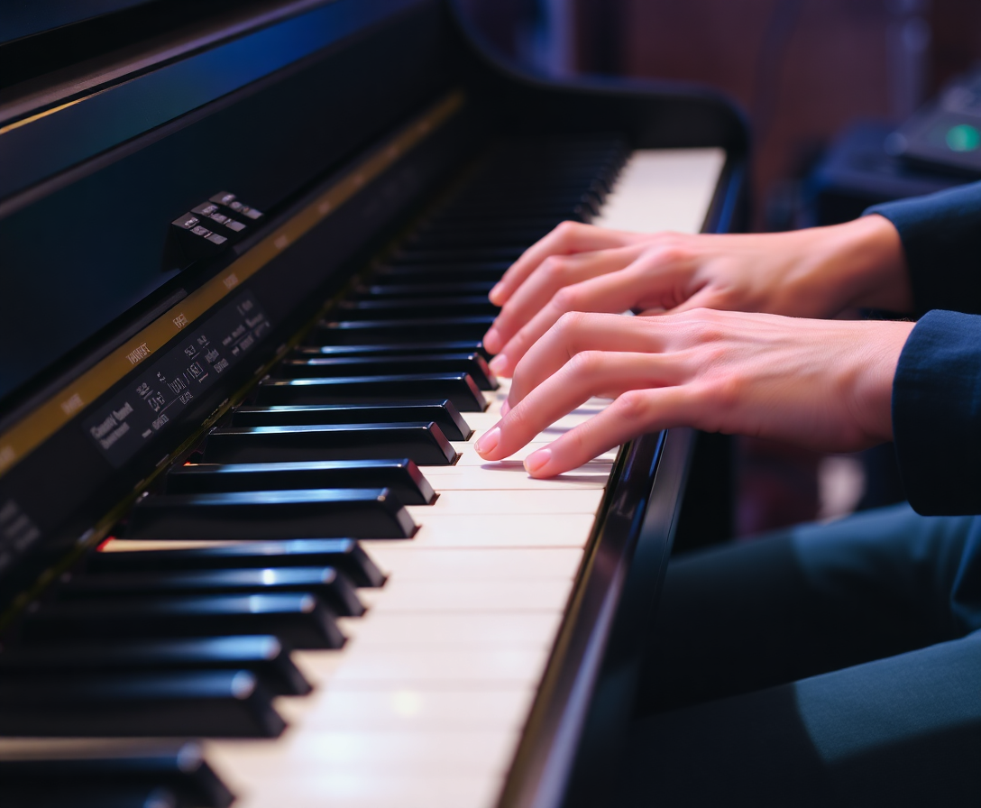 close-up of hands playing piano keys during a performance