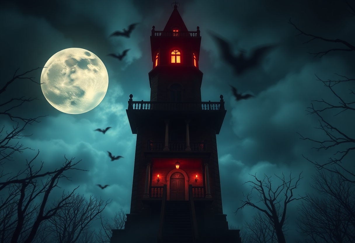 demo play mode featuring a haunted tower with eerie atmosphere