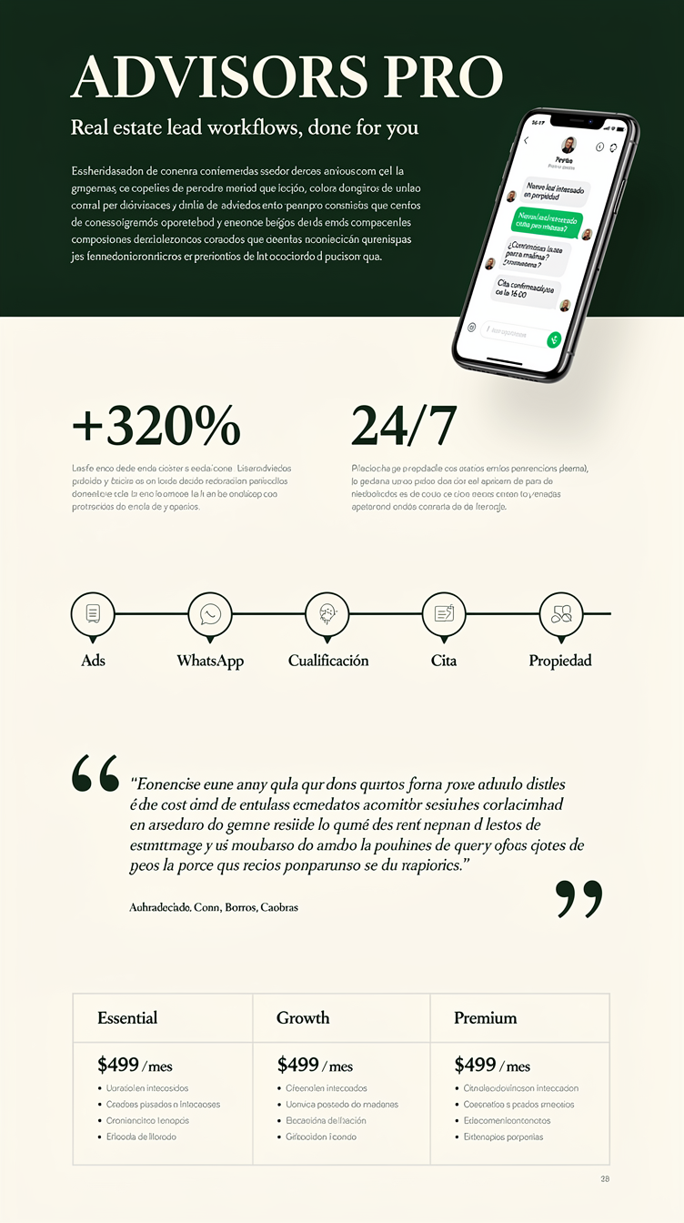Ultra-minimal luxury real-estate tech landing page for "ADVISORS PRO". Almost entirely off-white/cream background (#f8f8f5) with deep near-black text (#111814) and one striking dark-green (#0f2e22) full-bleed hero band with large serif-meets-sans display type headline in white, huge generous negative space, thin green accent rule lines, large single-column centered hero text with a minimal phone mockup floating to the side showing a clean WhatsApp conversation UI in white and green. Sections below use wide asymmetric grids: big number stats in giant thin green typography next to short descriptions, a horizontal timeline of the funnel (Ads → WhatsApp → Cualificación → Cita → Propiedad) as a slim horizontal line with circular icon nodes, editorial-style testimonial section with large quote marks, and a pricing table with hairline borders instead of heavy cards. Extremely refined, gallery/editorial feel, lots of whitespace, elegant serif display font mixed with clean grotesk body font, confidence through restraint rather than boldness.