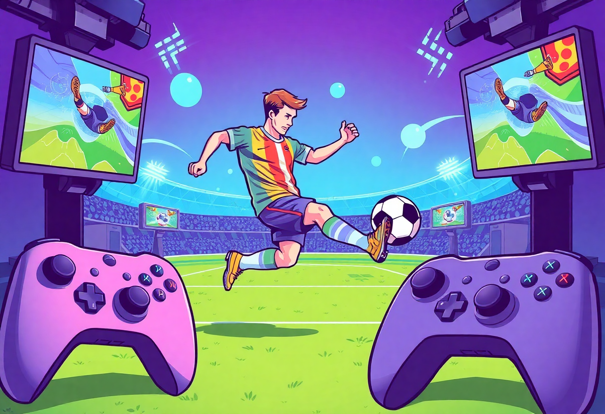 colorful illustration of a soccer player kicking a ball, surrounded by gaming elements like controllers and screens