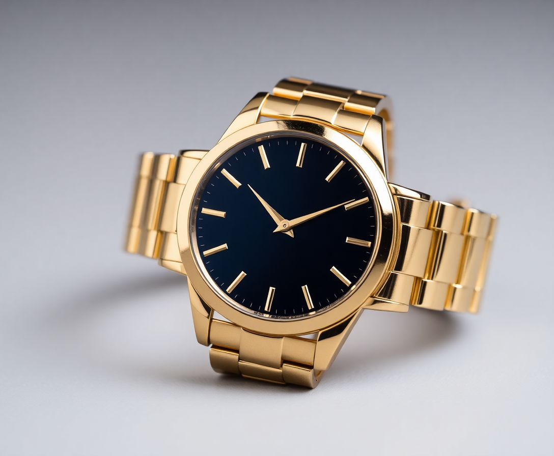 luxury gold watch with dark blue face, symbolizing elegance and sophistication