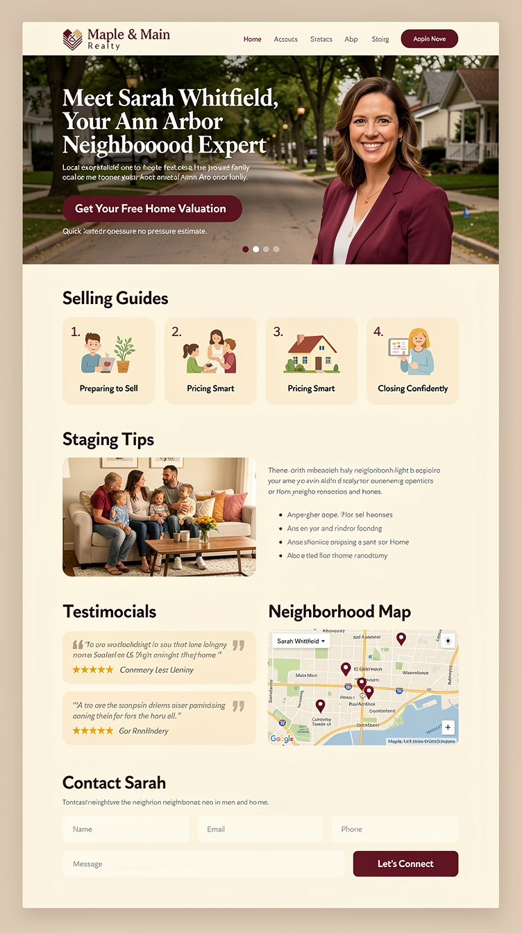 One-page homepage design for Maple & Main Realty — Sarah Whitfield, neighborhood-expert realtor in Ann Arbor, Michigan — warm maroon and cream palette, friendly typography, personable tone. Hero with Sarah photo and headline, free home valuation offer front-and-center as primary CTA, plus sections for selling guides, staging tips, testimonials, neighborhood map, and contact form; welcoming, family-focused layout.