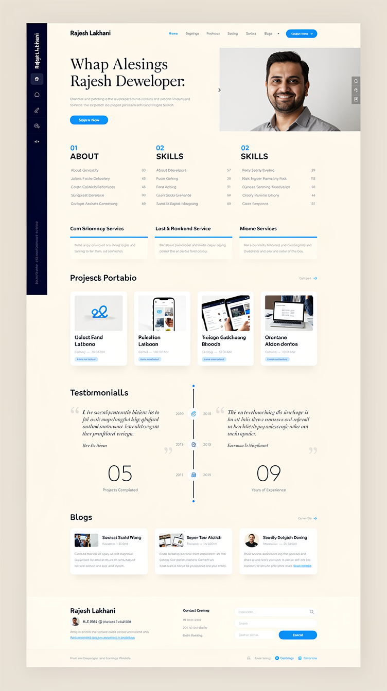 Premium minimal portfolio site for Rajesh Lakhani, front-end developer — trustworthy corporate tone. Left fixed sidebar navigation in deep blue #1e40af with name and nav links; main content area off-white with wide margins. Editorial layout: asymmetric hero with oversized thin serif heading and a portrait photo bleeding off one edge, thin accent lines in #3b82f6. Numbered sections (01 About, 02 Skills...) with tiny labels, minimalist skill list, spacious service rows, project cards in a clean 2-col grid, vertical timeline, quote-style testimonials, understated stat counters, blog list, and a refined contact block. Lots of whitespace, sophisticated type hierarchy, light-blue #dbeafe highlights.