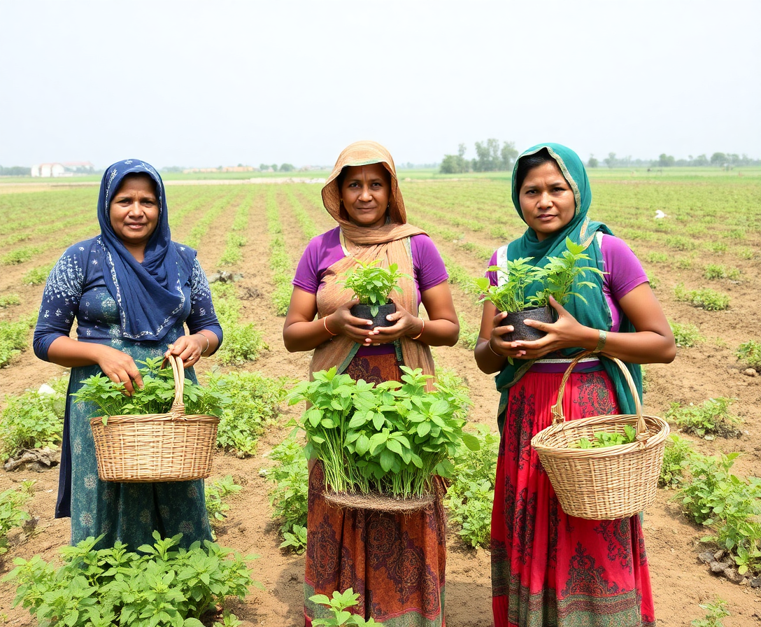 three rural women holding seedlings and baskets in an agricultural field