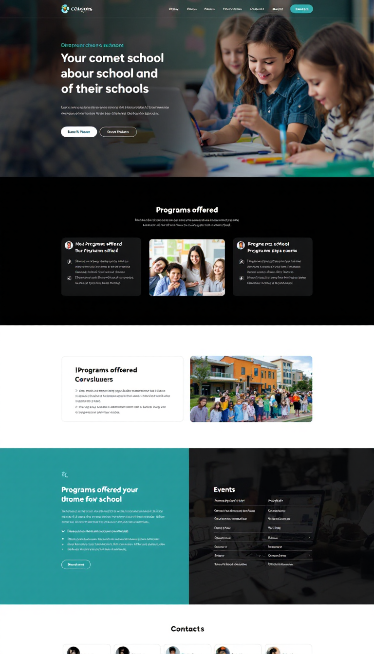 Design a simple and clean one-page website layout for a school. Include sections for an introduction, programs offered, events, and contact information.