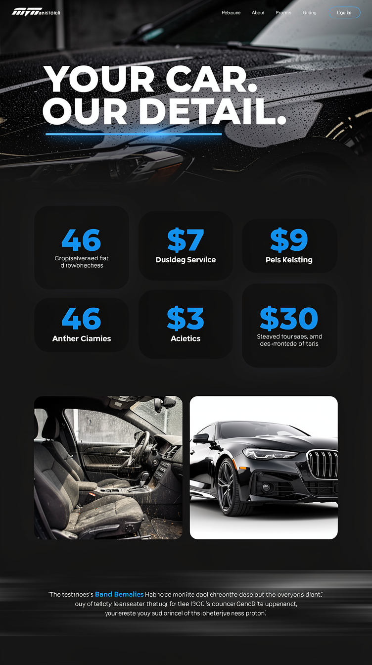 Bold editorial-style car detailing website homepage, near-black background with graphite gradients, oversized uppercase display headline "YOUR CAR. OUR DETAIL." overlapping a full-bleed image of water beading on a glossy car hood, thin blue neon underline accents. Services section as an asymmetric masonry grid of dark rounded cards with large pricing numbers in blue. Interior/exterior split with side-by-side before/after photo comparison. Testimonials in a dark ticker strip. Strong contrast, cinematic automotive photography, premium magazine feel, generous vertical spacing between sections.