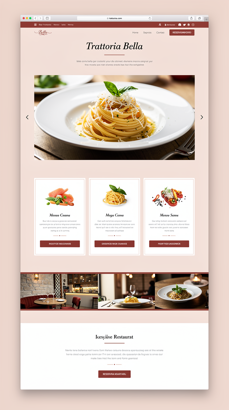 Modern Italian restaurant homepage "Trattoria Bella". Full-bleed hero photo of elegant pasta dish, cherry red (#991b1b) accents, soft blush background (#fee2e2), refined serif headings. Clean grid layout with menu highlights, gallery strip, reservation CTA. Sophisticated, airy, editorial.