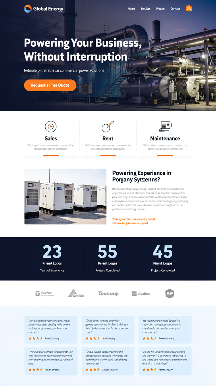 Homepage for "Global Energy", a commercial power generation systems company (sales, rent, maintenance). Bold industrial-modern hero with a full-bleed photo of a large industrial generator/power plant at dusk, deep navy blue (#1e40af) overlay gradient, large confident white sans-serif headline "Powering Your Business, Without Interruption", subhead, and a bright CTA button "Request a Free Quote". Below: a three-icon services strip (Sales / Rent / Maintenance) on off-white background, then a split image-text section showcasing generator units, a stats bar with dark navy background and light blue numbers, client logos row, and a testimonials section with soft light-blue cards. Clean grid, generous whitespace, confident geometric sans typography, blue and white palette with orange accent highlights for CTAs.