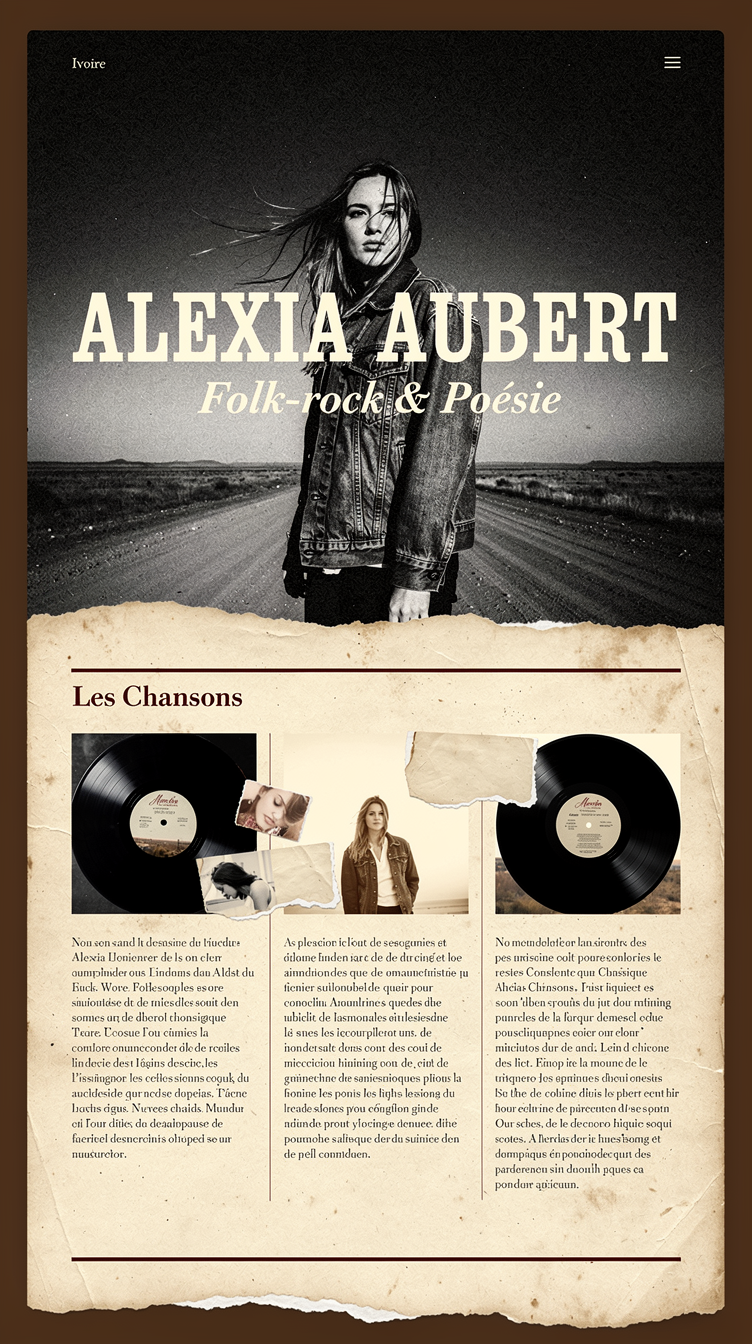 A cinematic Americana artist website homepage for folk-rock singer-songwriter Alexia Aubert. Full-bleed grainy black-and-white analog-film portrait of a woman standing on an empty dirt road at dusk, weathered denim jacket, wind in hair, shot from low angle with wide open sky. Huge bold condensed western-poster serif wordmark "ALEXIA AUBERT" overlaid in cream ink, small italic literary subtitle "Folk-rock & Poésie" beneath. Deep near-black and ivoire palette with tobacco-brown and cognac texture borders like aged paper, one thin dark-bordeaux rule line as accent. Below the fold: an offset three-column "Les Chansons" section on a worn paper texture background with vinyl-record circles and torn-edge photographs, generous whitespace, literary body typography.