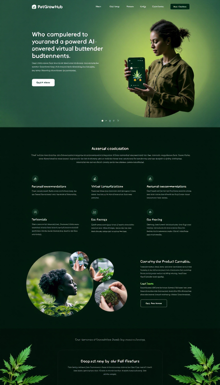 Design a sleek, modern one-page website for PotGrowHub that highlights its AI-powered virtual budtender service. Showcase features like personalized recommendations, virtual consultations, and eco-friendly practices, along with sections for testimonials, FAQs, and product sourcing, all while emphasizing sustainability and advanced technology in the cannabis industry.