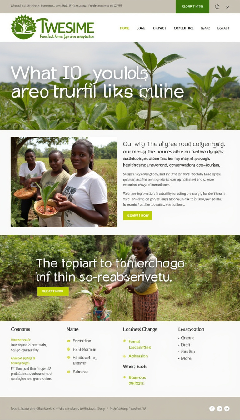 Create a simple one-page website design for "Twesiime Rural Empowerment and Conservation," highlighting our mission to empower rural communities through sustainable agriculture, education, healthcare, conservation, and eco-tourism. The design should reflect our commitment to grassroots change and a brighter, greener future.