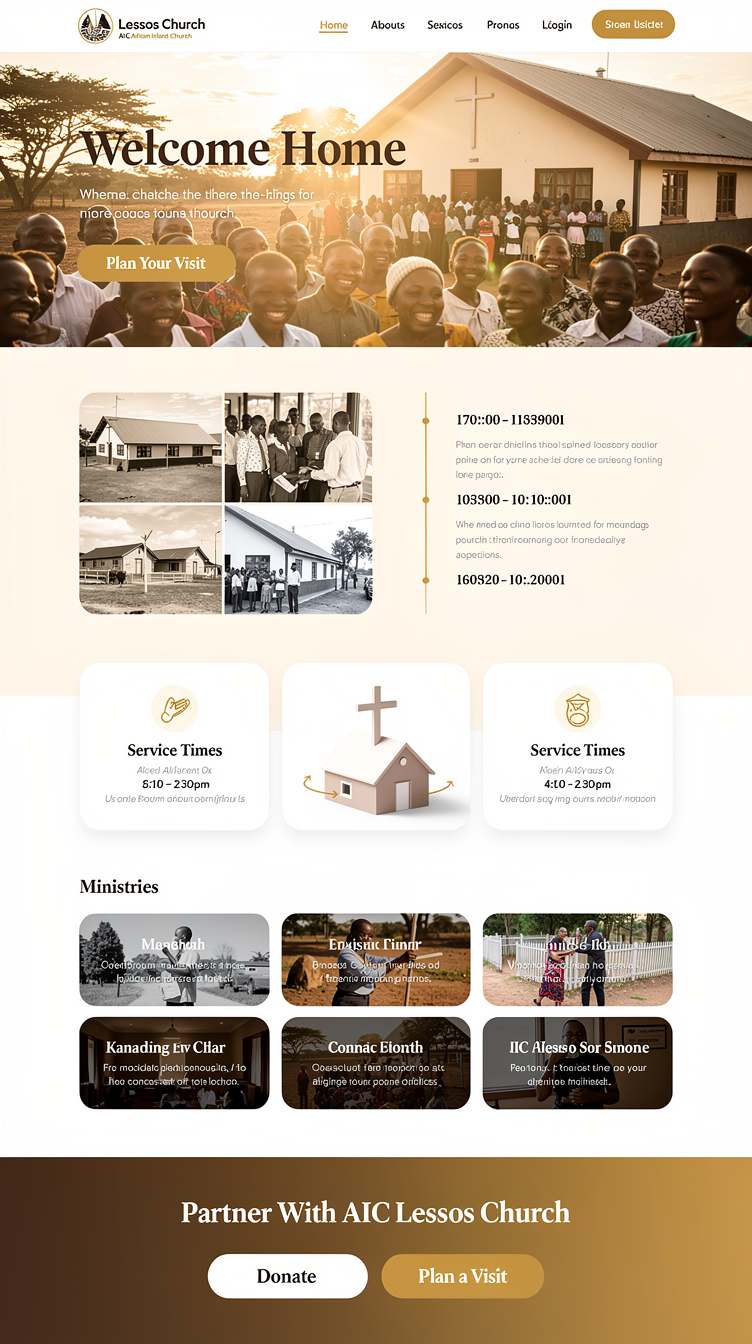A warm, modern church homepage for "AIC Lessos Church" (African Inland Church). Full-bleed hero photo of a welcoming rural African church congregation at golden hour with a bold serif headline "Welcome Home" and an amber-gold CTA button. Below: split image/text history timeline section on a warm cream background, service-times cards in a 3-column grid with amber accents, an interactive-feeling 3D rotating cross or building illustration placeholder, ministries grid, and a donate/plan-visit footer banner. Earthy amber-gold and deep brown palette (#92400e, #f59e0b, #fef3c7), elegant serif display font paired with clean sans body, generous whitespace, soft shadows, rounded cards.