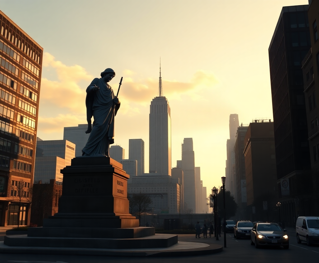 captura de pantalla de gta iv mostrando la estatua de la felicidad y el skyline de liberty city