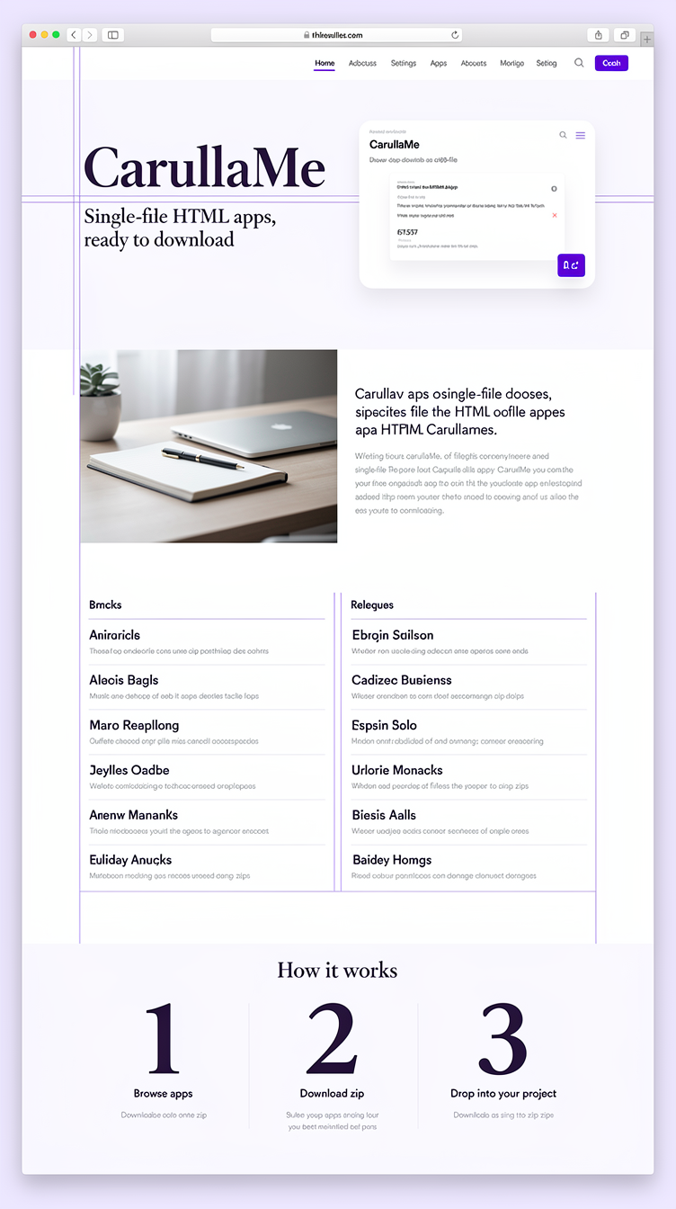 Full-page homepage mockup for "CarullaMe", a library of single-file HTML apps downloadable as zips. Light editorial direction: soft lavender-white (#f5f3ff) background, deep violet (#4c1d95) type, one electric purple accent. Magazine-style asymmetric hero with an oversized serif-display headline set off-center, a thin rule system, and a floating screenshot card. Below: an alternating split section with photography, a two-column list-style app index with hairline dividers, big numbered steps, and lots of airy whitespace. Elegant, calm, print-inspired.