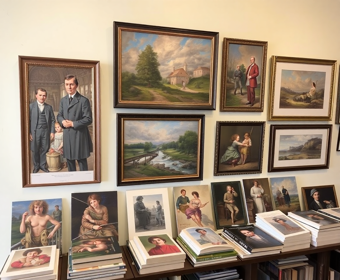 art prints and paintings displayed with books