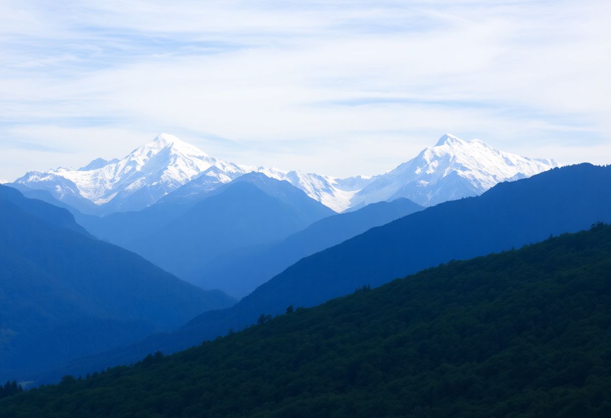 snow-capped peaks of the himalayas rising above a lush green valley