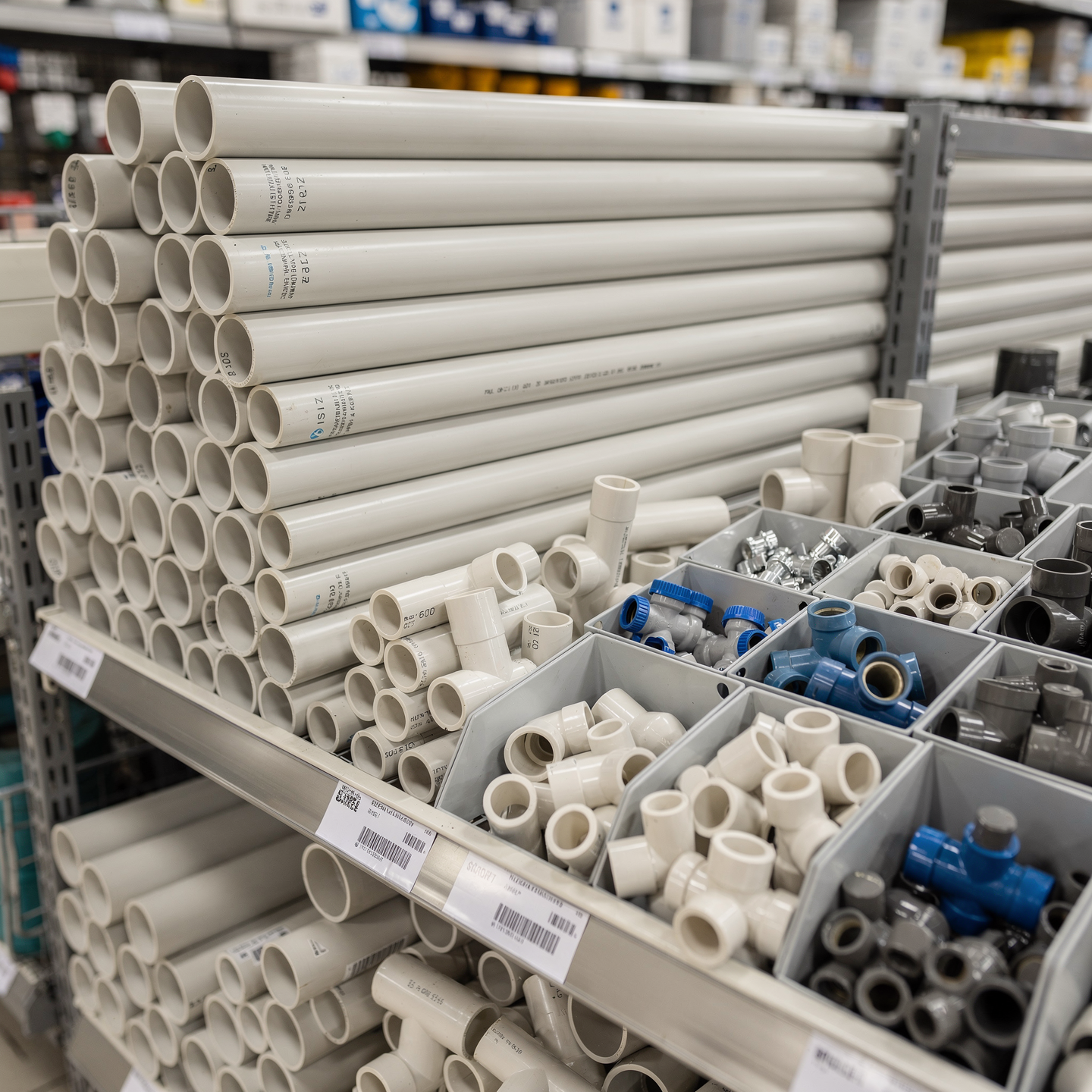 PVC pipes and plumbing fittings stacked and organized in a hardware store display, realistic photography, high detail