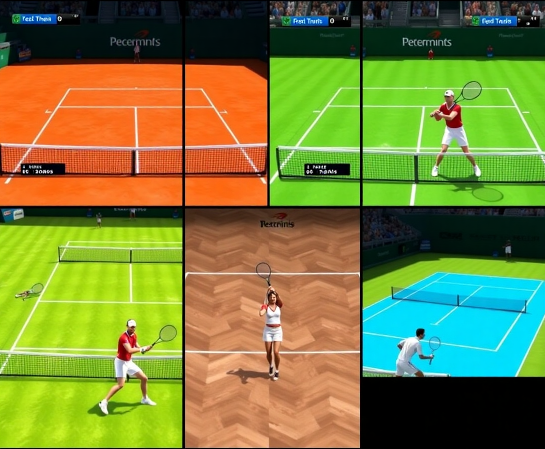 collage of in-game screenshots showcasing the five different tennis disciplines in the championship points