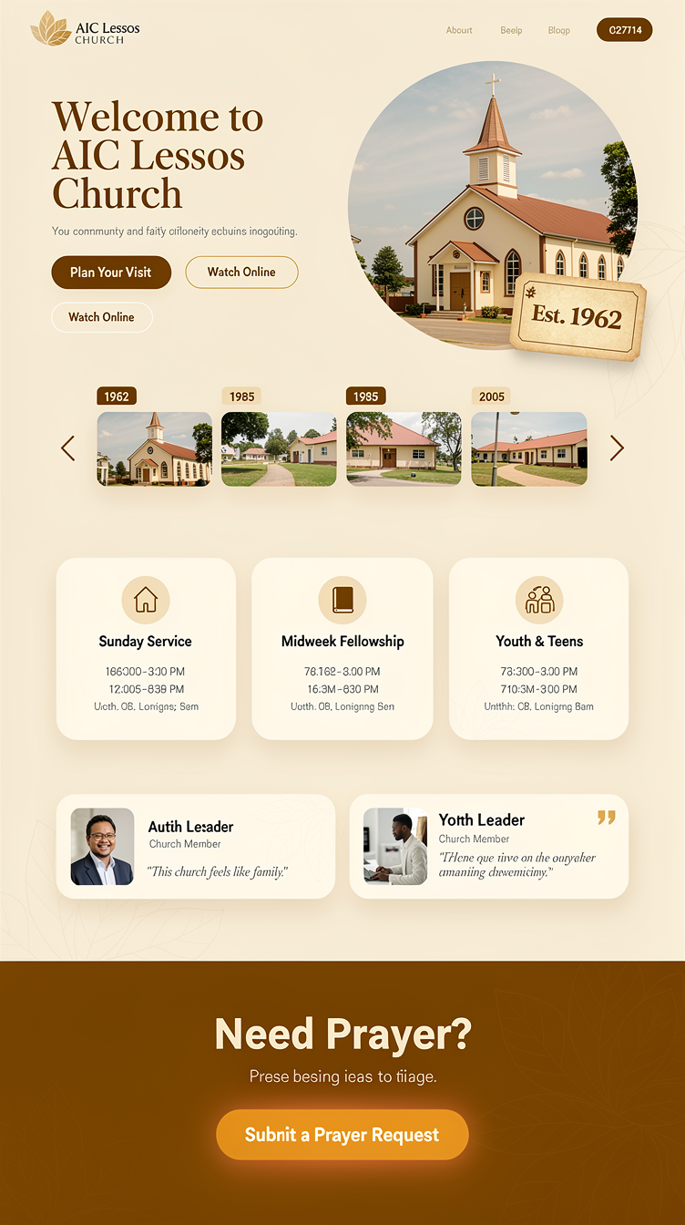 A calm, welcoming church homepage for "AIC Lessos Church" with a soft cream and warm brown palette, gentle rounded shapes, and a hero split-layout: left side elegant serif headline and CTA, right side a circular photo of the church building with a subtle 3D-tilted card floating over it showing "Est. 1962" history badge. Below: a horizontal scrolling history timeline carousel with photo cards, a three-column service times section with icon badges, a testimonials section with soft shadow cards, and a large full-width prayer-request call-to-action banner in deep amber. Friendly, community-focused, approachable mood with lots of whitespace.
