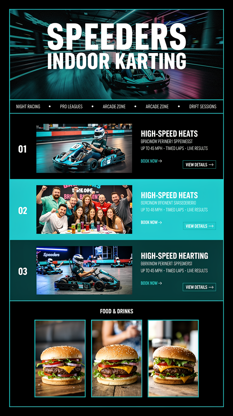 Full-page website mockup for "Speeders" high-speed indoor karting entertainment center: brutalist-sporty dark layout with jet-black sections punctuated by full-bleed cyan (#06b6d4) blocks and deep teal panels, icy white type, thick 2px borders and hard-edged rectangles, no rounded corners. Hero: gigantic edge-to-edge condensed headline in ultra-tight tracking over a dark neon track photo with a ticker/marquee strip of experience names scrolling beneath. Then an experience list where each row is a numbered horizontal band that spans the full width with a large photo on one side and stacked headline/subhead/CTA link with arrow on the other, alternating black and teal backgrounds. Food & drinks shown as a three-column photo grid; footer is a giant cyan block with oversized logotype. Typography: extreme-contrast condensed display caps plus small uppercase mono labels.