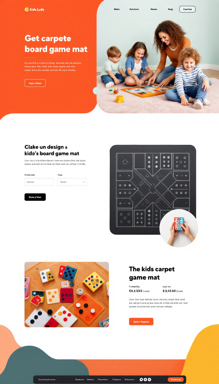 Create a sleek dark mode landing page to showcase a new design kids' carpet Ludo board game mat. Emphasize its portability, family-friendly appeal, and modern aesthetic with vibrant images and engaging text.