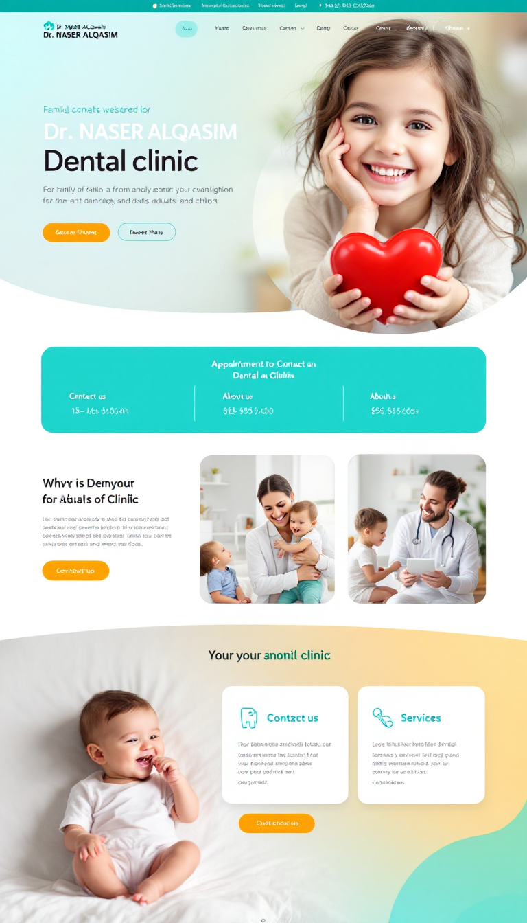Create a modern one-page website for Dr. NASER ALQASIM's dental clinic, designed for families, adults, and children. Incorporate an appointment booking feature, sections for 'contact us', 'about us', and 'services', all presented in a clean and creative layout that conveys professionalism and care.