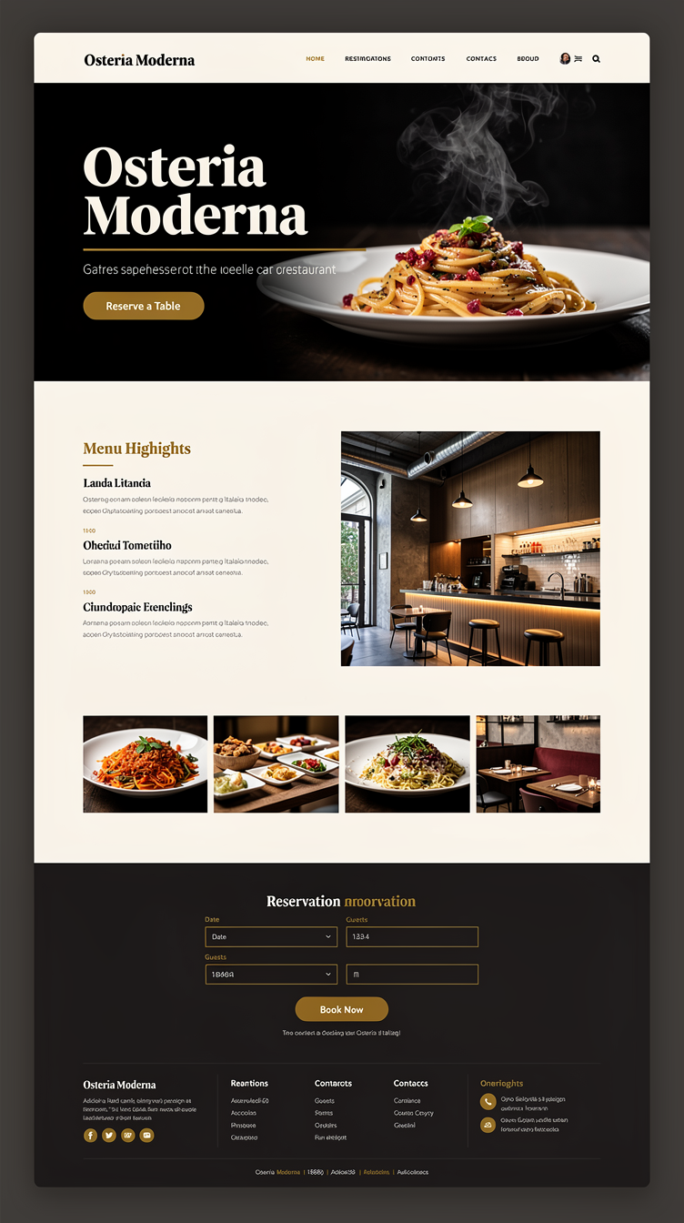 Homepage for "Osteria Moderna", a sleek modern Italian restaurant with a warm twist. Charcoal near-black (#18181b) and warm off-white (#fafafa) palette with a burnt-amber accent for CTAs. Full-bleed hero with a moody dark photo of a plated pasta dish, huge bold serif display headline overlaid, thin gold-amber divider line, single "Reserve a Table" button. Below: an editorial split section with menu highlights on one side and a large image on the other, then a horizontal photo gallery strip with tight gutters, then a dark reservation section with a minimal form, then a footer with map/location and opening hours in a clean grid. Confident modern typography, generous whitespace, subtle grain texture, architectural feel.