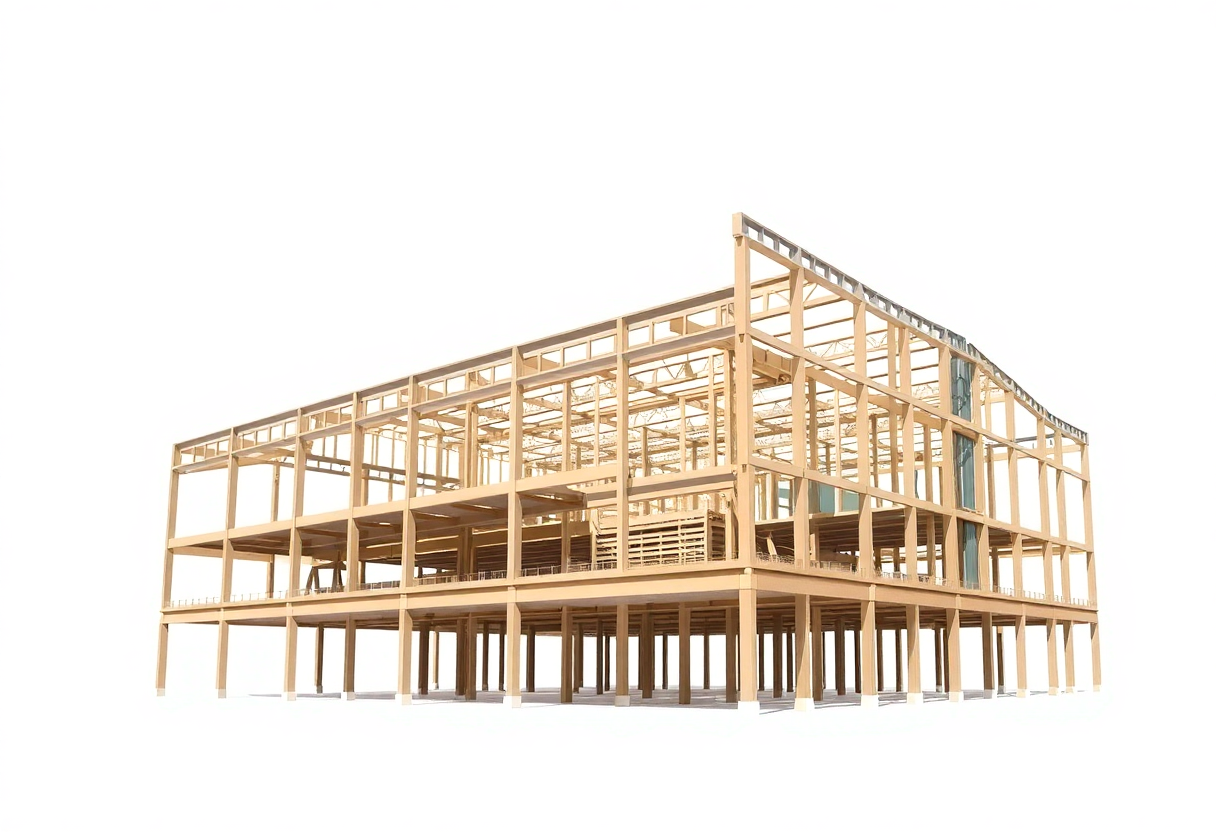 3d rendering of a building's structural framework, showcasing niqs's engineering drawing services