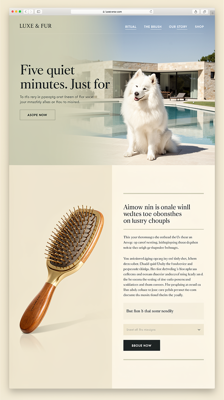 Luxury pet-care ecommerce homepage for "LUXE & FUR". Palette: ivory #F7F5F0 background, soft charcoal #202321 text, sage #71806F and deep mineral #315F62 accents, warm oak #B99B78 details. Full-bleed cinematic hero photo of a Samoyed dog beside a luxury pool villa in bright daylight, huge elegant serif headline "Five quiet minutes. Just for them." overlaid with soft gradient, minimal transparent nav with wordmark left and RITUAL / THE BRUSH / OUR STORY / SHOP right. Below: an editorial split section with product photography of a premium wooden-and-brass dog brush, generous whitespace, refined serif headings, thin borders, soft shadows, glass-like translucent cards. Feels like a Aesop or Chanel beauty site, airy, minimal, sophisticated.