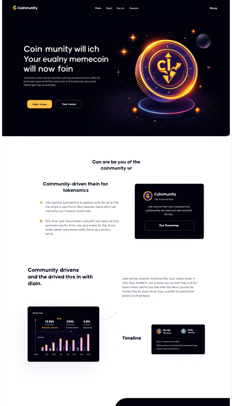 "Create a sleek, minimalist one-page website for a memecoin called 'Coinmunity.' It should feature a dark theme with glowing neon accents, including a bold hero section with a 3D coin graphic, informative sections on the coin's community-driven nature and tokenomics, and a timeline roadmap. Focus on intuitive navigation, clear messaging, and subtle animations for a modern, polished look."