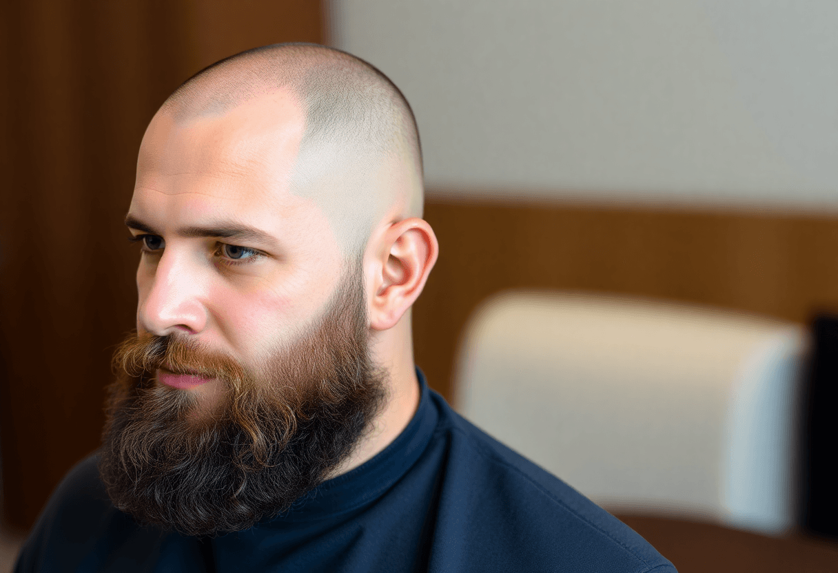 man with a full beard and shaved head showcasing the results of a successful hair transplant procedure