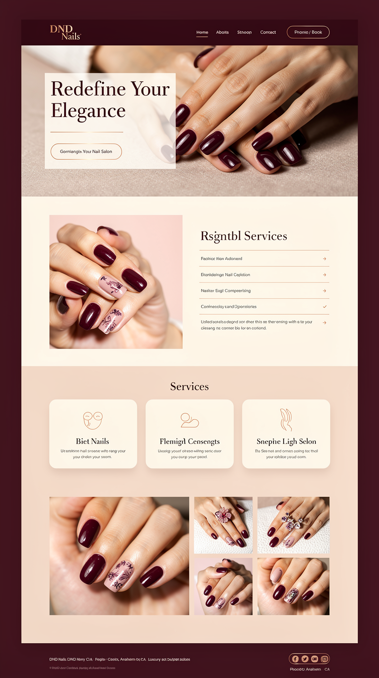 Luxury nail salon homepage for "DND Nails" in Anaheim, CA. Deep wine/burgundy (#4a0e2e) and blush cream (#faf3ec) palette with rose-gold (#c9975a) accents. Full-bleed hero photo of an elegant manicure with soft shadow, large serif display headline "Redefine Your Elegance", thin rose-gold CTA button, minimal nav with logo left and phone/book button right. Below: an editorial 2-column split section pairing a close-up nail-art photo with elegant service list, generous whitespace, thin gold hairline dividers, a services grid with 3-4 cards on cream background with soft shadows, a gallery of nail-art photos in an offset masonry grid, and a footer with map/address/hours in dark wine background with gold text. Sophisticated spa-editorial mood, lots of negative space, refined serif + clean sans typography.