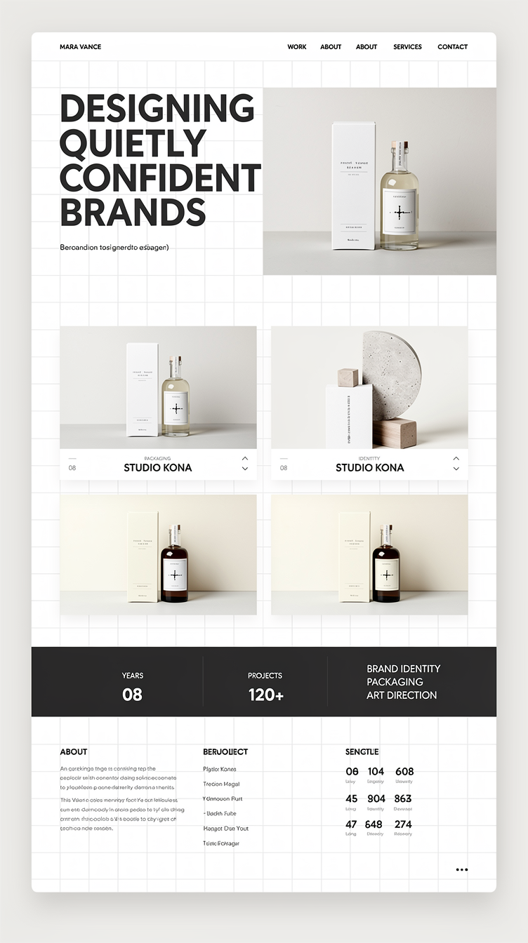 Full-page website mockup for freelance designer "Mara Vance". Swiss gallery-white direction: #fafafa background, charcoal #18181b text, thin grid rules, tiny uppercase mono labels, and a hero that is a giant left-aligned grotesk headline with a single full-bleed packaging photograph to the right. Below: a strict 2-column project grid with generous gutters and hover-caption cards, a horizontal stats/services strip in charcoal, an about band with a black-and-white portrait, and a contact form laid out on a 12-column grid. Precise, minimal, museum-catalogue feel.