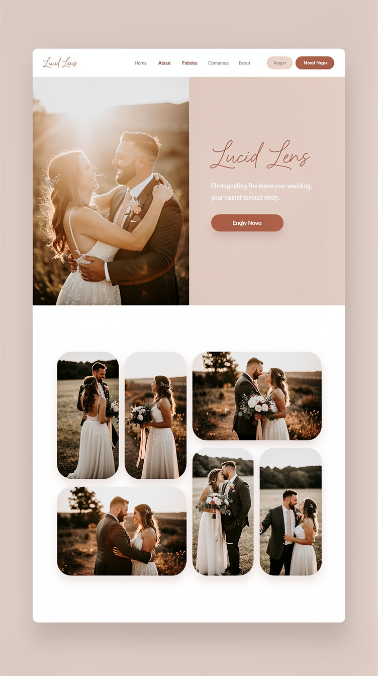 Warm organic wedding photographer portfolio homepage "Lucid Lens". Split-screen hero with photo on one side and text on the other, soft blush and terracotta palette, handwritten script accent font paired with clean sans-serif, rounded gallery cards, cozy and personal boutique feel.