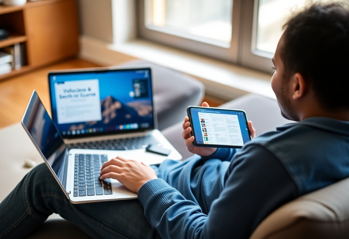 student studying on laptop and mobile devices, showcasing the flexibility of online learning