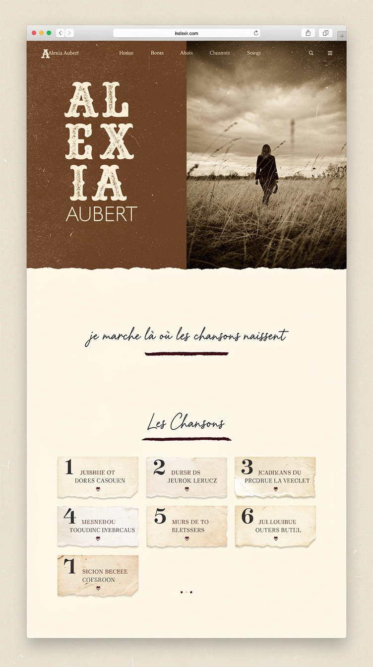 Editorial, poetic website design for Alexia Aubert, folk-rock singer. Hero is an asymmetric split layout: left third is solid deep tobacco-brown panel with the giant vertical stacked wordmark "ALEXIA" in weathered western display type and "AUBERT" in elegant thin literary serif beneath it, right two-thirds is a large sepia-toned photograph of a lone figure walking through tall dry grass fields under an overcast cinematic sky. Ivoire and crème background sections below with a handwritten-style poetic line, dark bordeaux underline accents, old concert-poster inspired numbered song list for "Les Chansons" with torn paper texture cards, lots of negative space, muted film-grain overlay throughout.