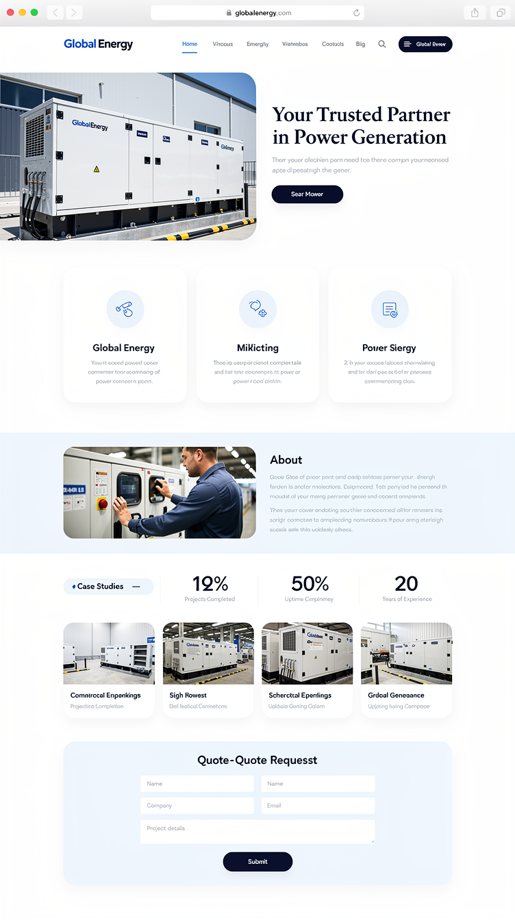 Homepage for "Global Energy" commercial power generator company, clean corporate-trustworthy design with soft light-blue (#dbeafe) and white background, deep navy (#1e40af) text and accents. Centered hero with a calm professional photo of a commercial building generator installation, rounded-corner image frame, warm confident serif-meets-sans typography pairing, headline "Your Trusted Partner in Power Generation", subtle soft shadows and rounded cards throughout. Sections include a clean 3-column services grid with light blue icon badges, a horizontal image-text about section, a light-colored stats strip, a case-studies gallery grid, and a friendly rounded-corner quote-request form section. Airy, trustworthy, approachable, generous whitespace, minimal but warm.