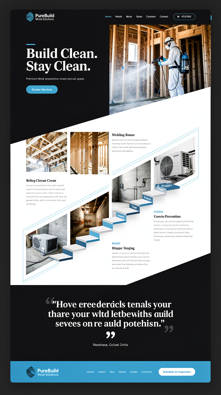 Homepage for "PureBuild Mold Solutions" mold prevention company, bold editorial design with a dark near-black navy header and split-screen hero: left side large serif-accented headline "Build Clean. Stay Clean." right side full-bleed photo of a technician sanitizing a home's framing with fogging equipment. Ocean blue and white accents, diagonal section dividers, offset asymmetric image/text blocks for services, a large step-process shown as an angled staircase graphic, testimonial in a bold pull-quote style, sticky CTA bar. Premium, architectural, high-contrast feel.