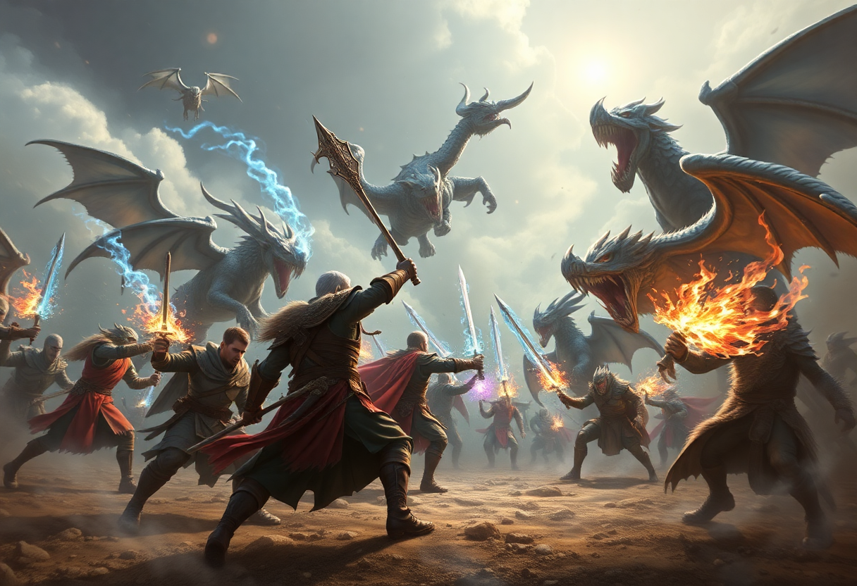 epic battle scene with warriors wielding magical powers against mythical creatures